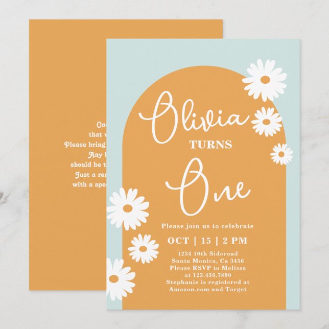Einladung von Daisy Floral zum 1. Geburtstag (Vorne/Hinten)