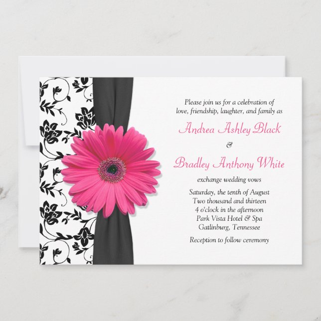 Einladung von Daisy Pink Schwarz-weiß Floral Weddi (Vorderseite)