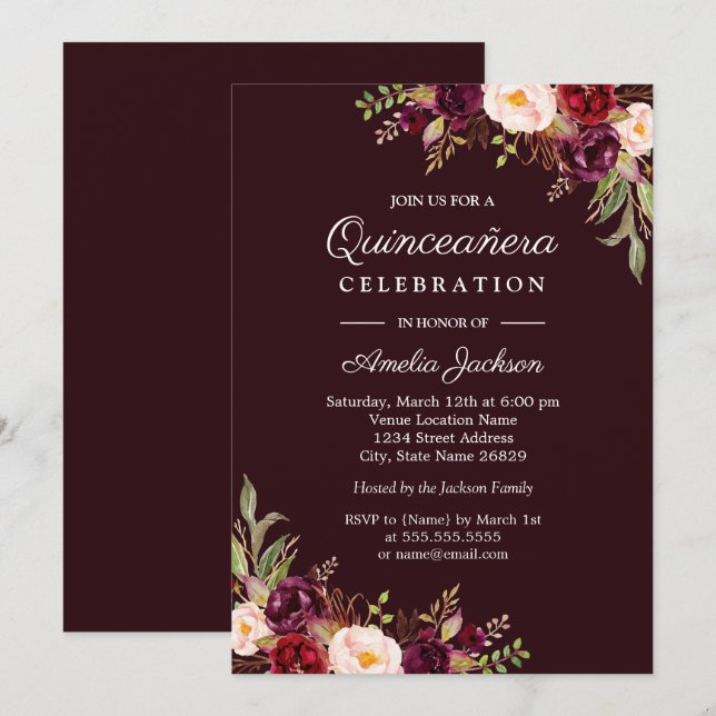Einladung von Deep Burgundy Red Floral Quinceanera (Vorne/Hinten)