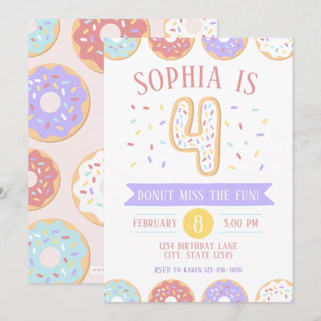 Einladung von Donut zum vierten Geburtstag (Vorne/Hinten)