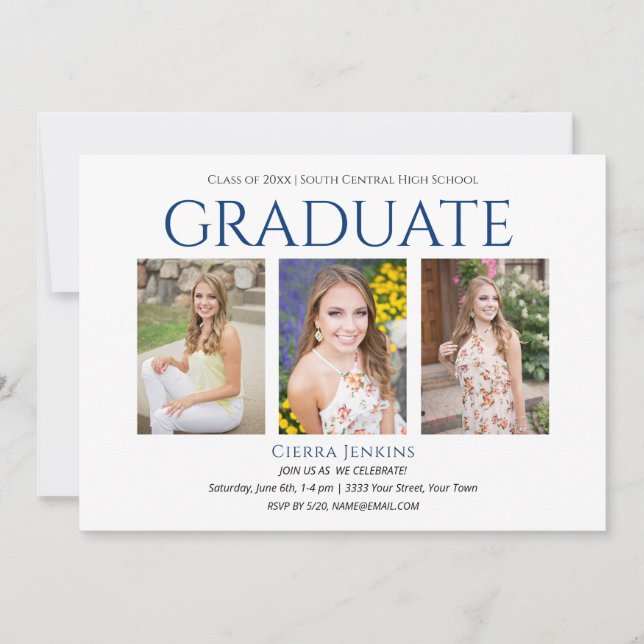 Einladung von drei Foto White Blue Graduation Part (Vorderseite)