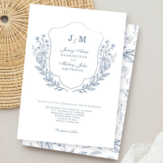 Einladung von Dusty Blue Monogram Floral Wedding (Von Creator hochgeladen)