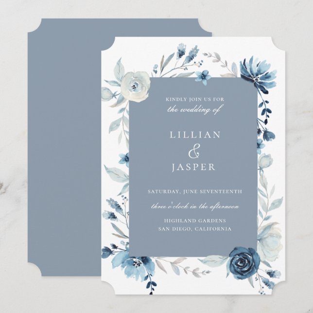 Einladung von Dusty Blue Navy Floral Frame Hochzei (Vorne/Hinten)