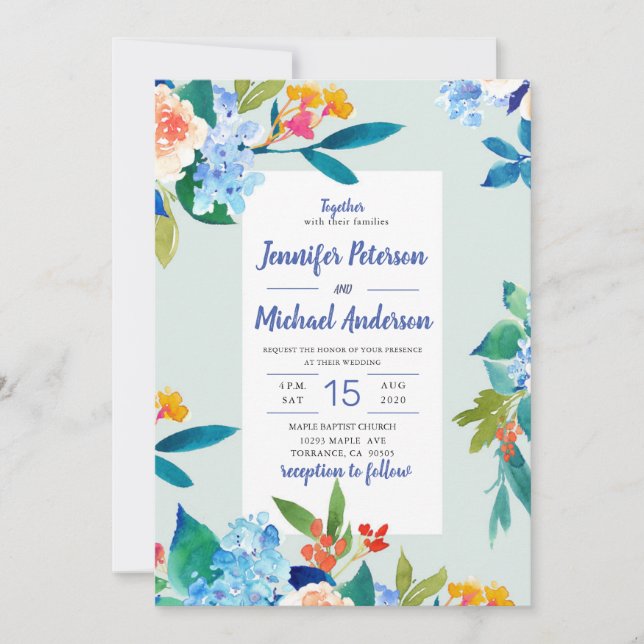 Einladung von Dusty Blue & Peach Floral Wedding (Vorderseite)