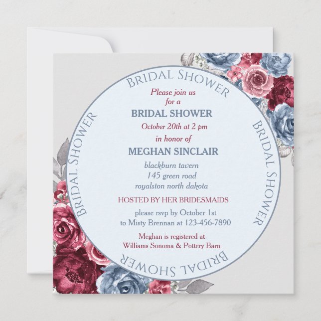 Einladung von Dusty Blue und Burgundy Bridal Dusch (Vorderseite)