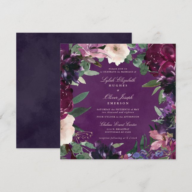 Einladung von Eggplant Lila Blumenhochzeit (Vorne/Hinten)