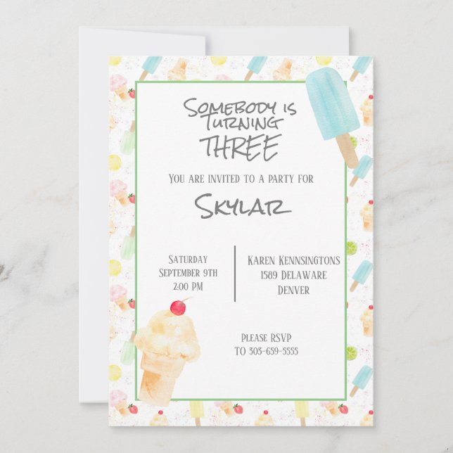 Einladung von Eiskrem der dritten Geburtstagsparte (Vorderseite)