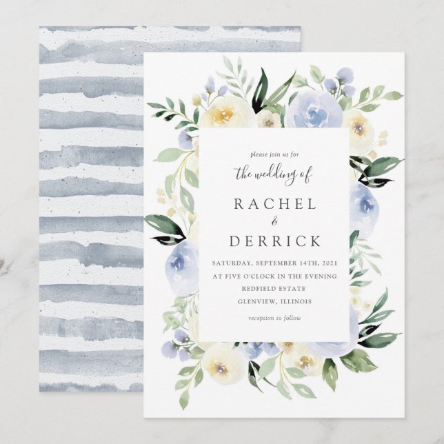 Einladung von Elfenbein und Dusty Blue Hochzeit (Vorne/Hinten)