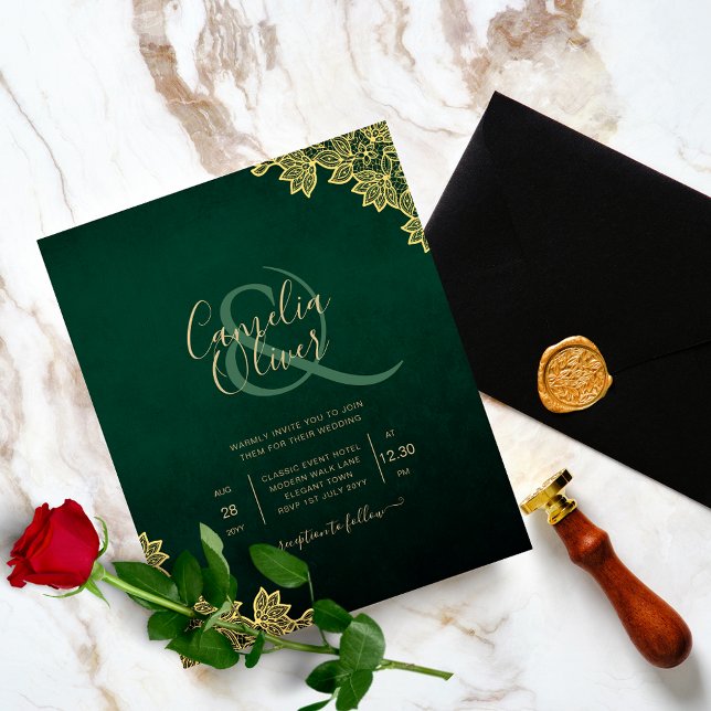 Einladung von Emerald Green Gold Lace zur Hochzeit Flyer (Von Creator hochgeladen)