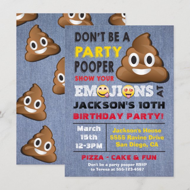 Einladung von Emoji Party Pooper Birthay (Vorne/Hinten)