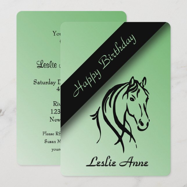 Einladung von Equine Birthday Party Green (Vorne/Hinten)