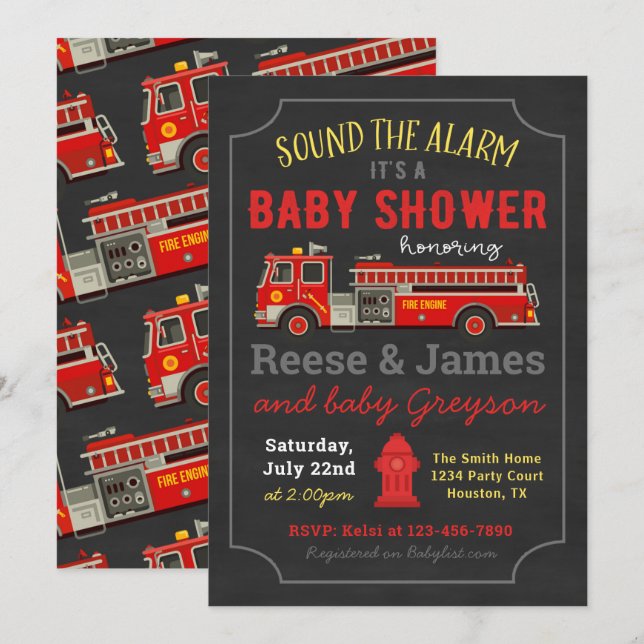 Einladung von Feuerwehrwagen Babydusche | Feuerweh (Vorne/Hinten)