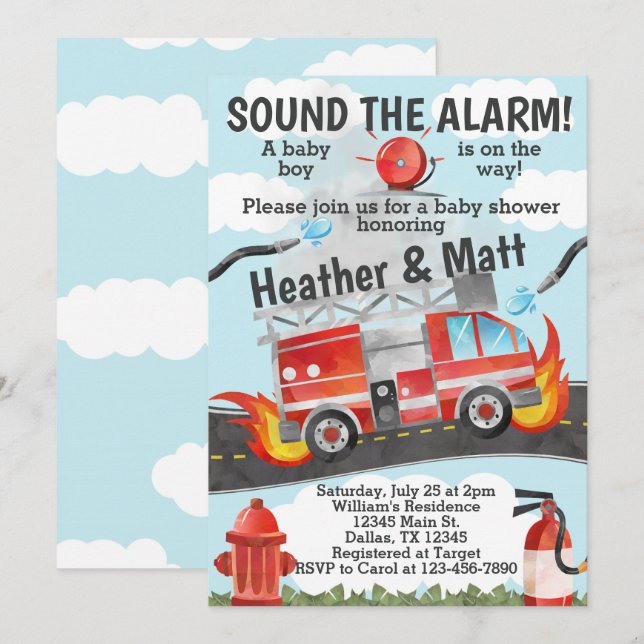 Einladung von Firetruck Baby-Dusche, Fireman Einla (Vorne/Hinten)