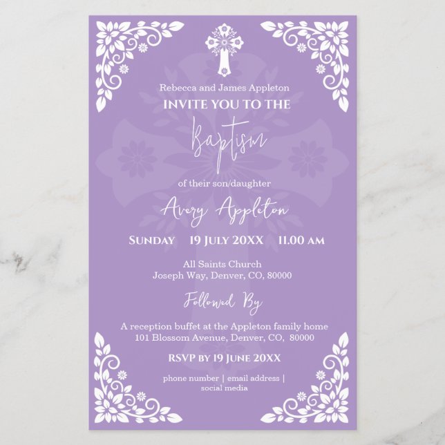 Einladung von Floral Cross Taufen Lilac Flyer (Vorne)