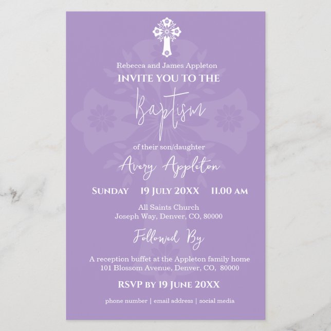 Einladung von Floral Cross Taufen Lilac Flyer (Vorne)