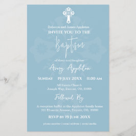 Einladung von Floral Cross Taufen Sky Blue Flyer
