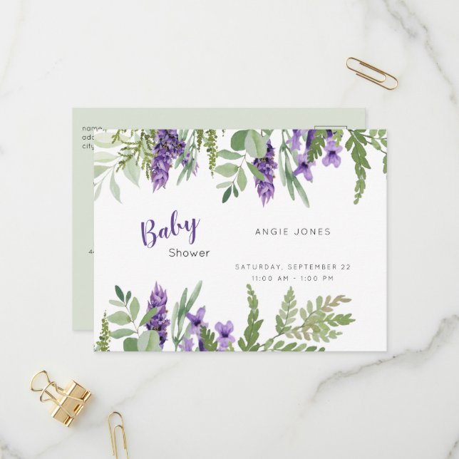 Einladung von Foliage Lavendel und Minze Babydusch (Vorderseite/Rückseite Beispiel)