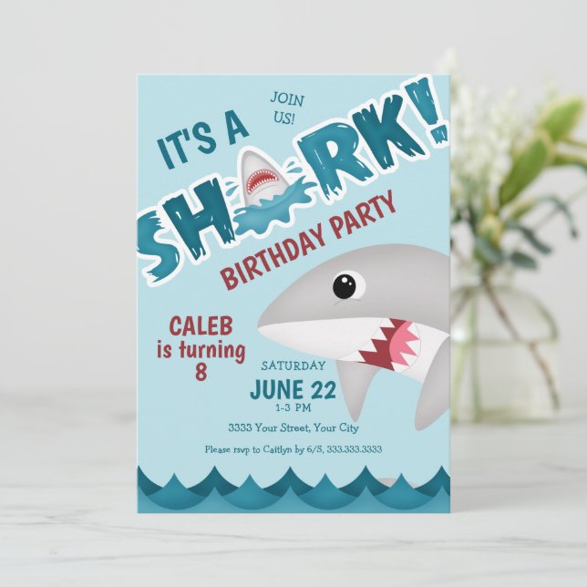 Einladung von Fun Shark Birthday (Stehend Vorderseite)