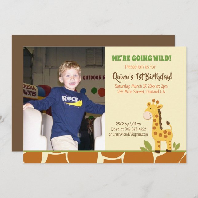 Einladung von Giraffe Boy oder Girl Zoo zum Geburt (Vorne/Hinten)