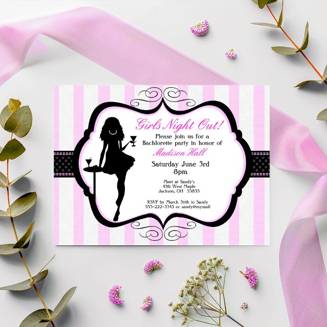 Einladung von Girls Night Out Junggeselinnen-Absch (Pink White and Black Striped Girl's Night Out Jewelry Party Invitation)