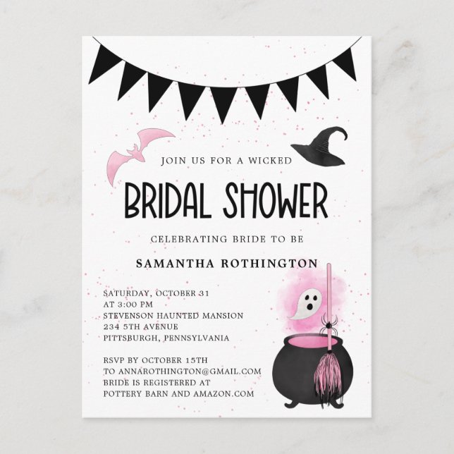 Einladung von Girly Wicked Halloween Bridal Dusche Postkarte (Vorderseite)