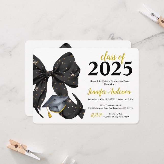 Einladung von Glamour Black/Gold Bow Graduation Pa (Vorderseite/Rückseite Beispiel)