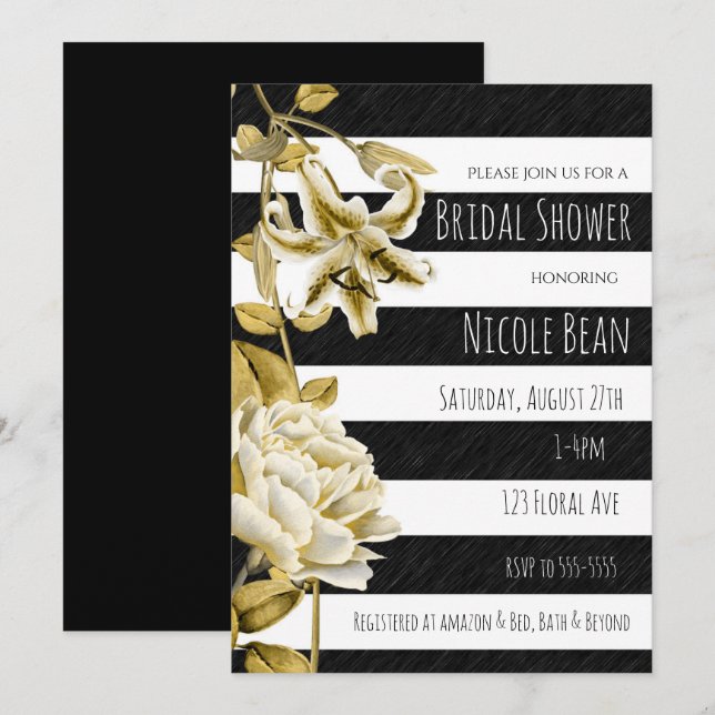 Einladung von Gold Tone Floral Black & White Strip (Vorne/Hinten)
