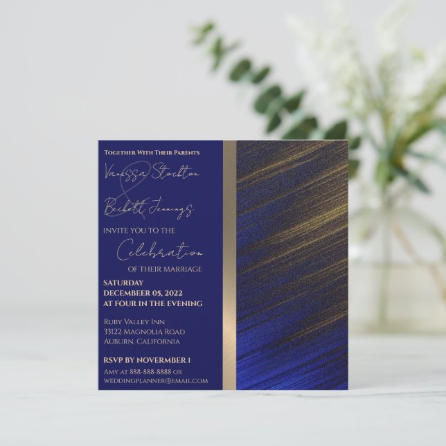 Einladung von Gold und Blue Wedding (Stehend Vorderseite)