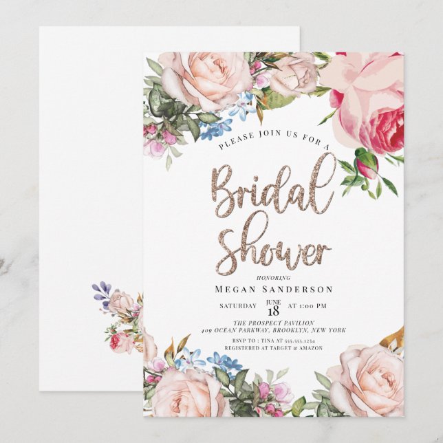 Einladung von Gold und Floral Bridal Brunch (Vorne/Hinten)