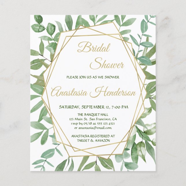 Einladung von Gold und Grün/BUDGET-Bridal Dusche. Flyer (Vorne)