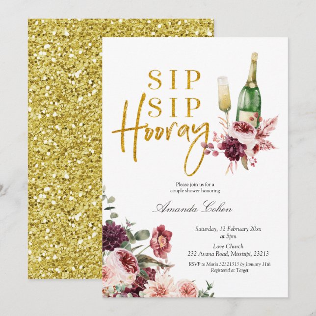Einladung von Gold und Marsala Sip Hooray (Vorne/Hinten)