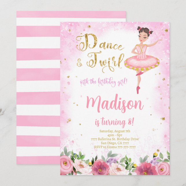 Einladung von Gold und Rosa Ballerina (Vorne/Hinten)