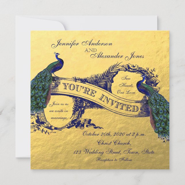 Einladung von Goldfoil Peacock Hochzeit (Vorderseite)