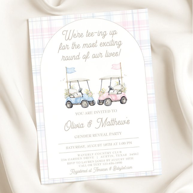 Einladung von Golf Gender - Baby Golf Carts (Golf Gender Reveal Invitation – Blue & Pink Golf Carts)