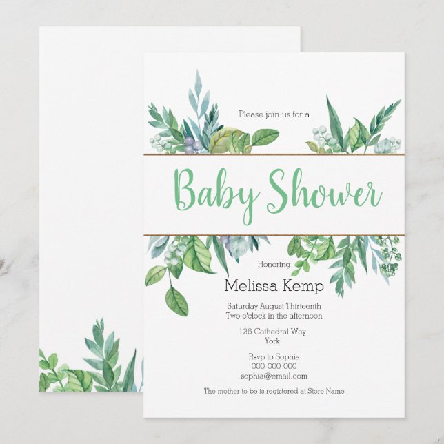 Einladung von Green and Gold Foliage Baby Shower (Vorne/Hinten)