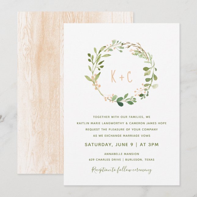 Einladung von Greenery Wreath Wedding - Peach (Vorne/Hinten)