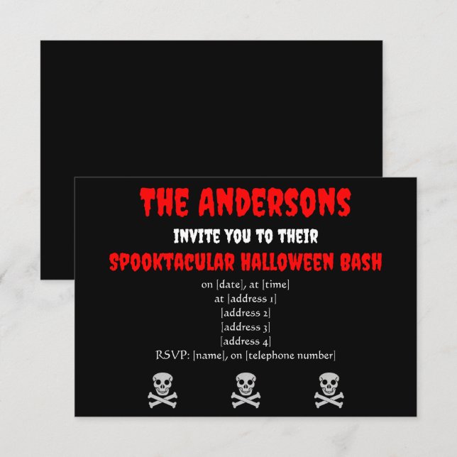 Einladung von Halloween Skull and Bones (Vorne/Hinten)