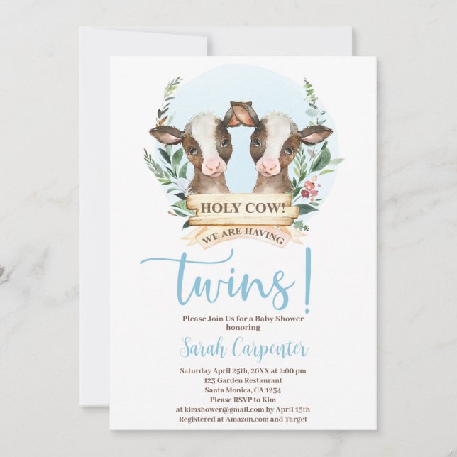 Einladung von Heiliger Kuh Twins Baby Shower Boy (Vorderseite)