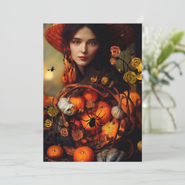 Einladung von Herbst-Hexe-Halloween-Party (Stehend Vorderseite)