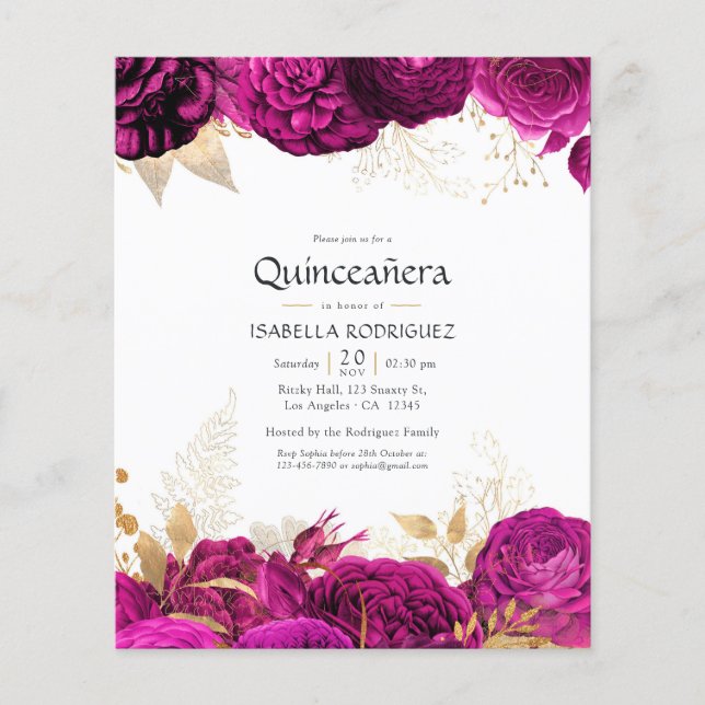 Einladung von Hot-Pink und Gold Quinceñera Flyer (Vorne)