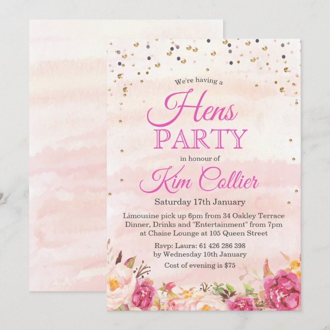 Einladung von Hühnern Party Floral (Vorne/Hinten)