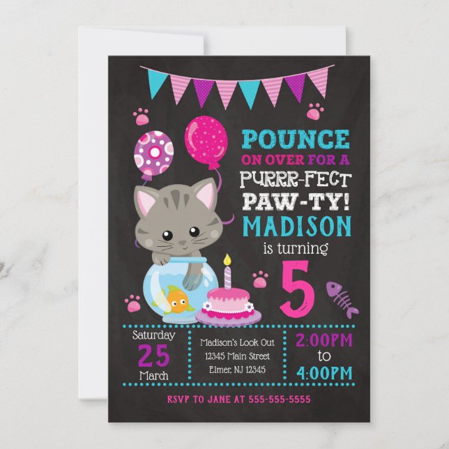 Einladung von Kitty Birthday / Girl Kitten Party (Vorderseite)
