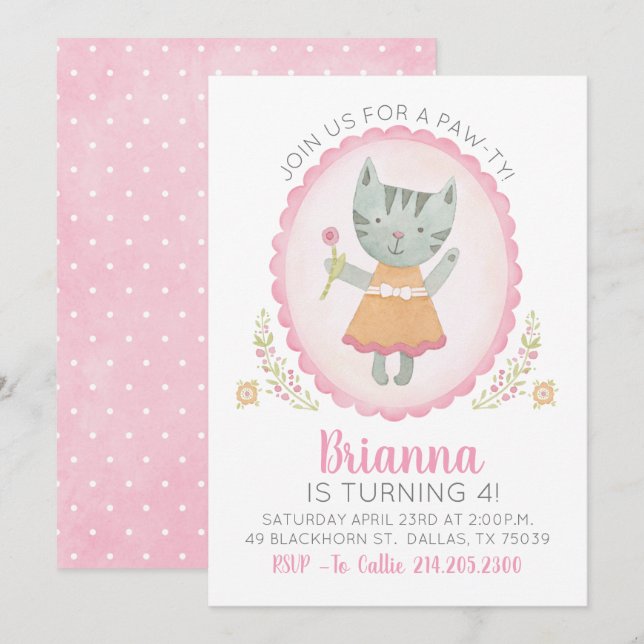 Einladung von Kitty Birthday Party (Vorne/Hinten)
