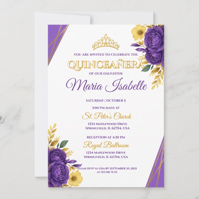 Einladung von Lavender & Gold Quinceñera (Vorderseite)
