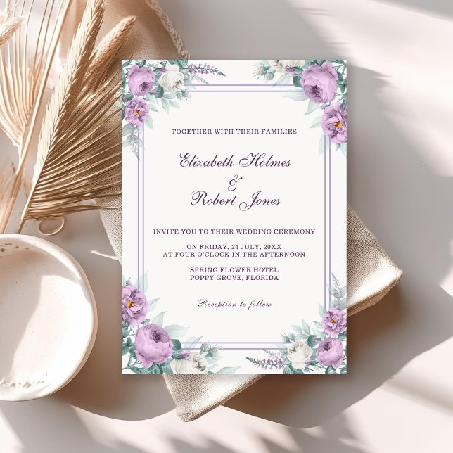 Einladung von Lavender Lila Floral Wedding (Lavender Purple Floral Wedding Invitation on a white table with neutral boho decor.)