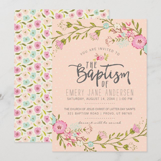 EINLADUNG VON LDS BAPTISM | Elegante Rosa Floral G (Vorne/Hinten)