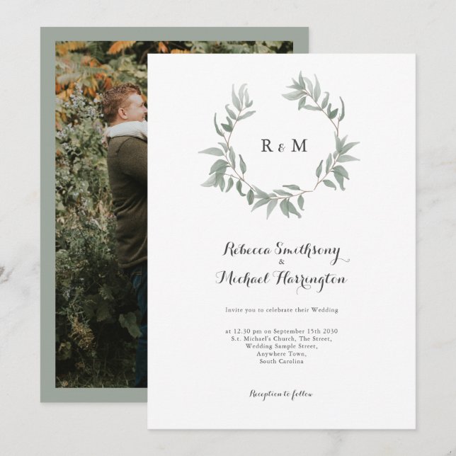 Einladung von Leaf Wreath Monogram (Vorne/Hinten)