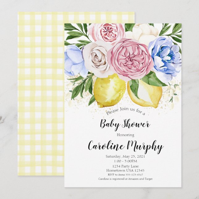 Einladung von Lemon Floral Baby Dusche Geschlecht  (Vorne/Hinten)