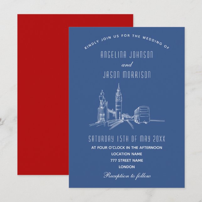 Einladung von London Skyline Blue Red Wedding (Vorne/Hinten)