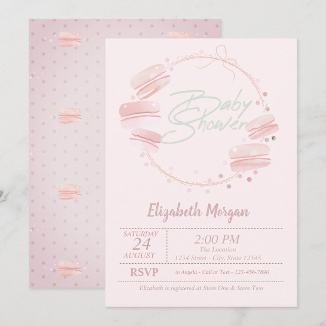 Einladung von Macarons Baby Shower (Vorne/Hinten)